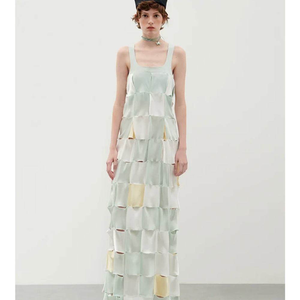 BEVZA - SLEEVELESS SQUARE TEXTURED MAXI DRESS - MULTI cream and green conceptual
